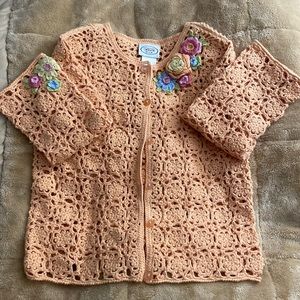 NWOT Girls Talbots kids size 6 peach color button down sweater w/ flower pattern